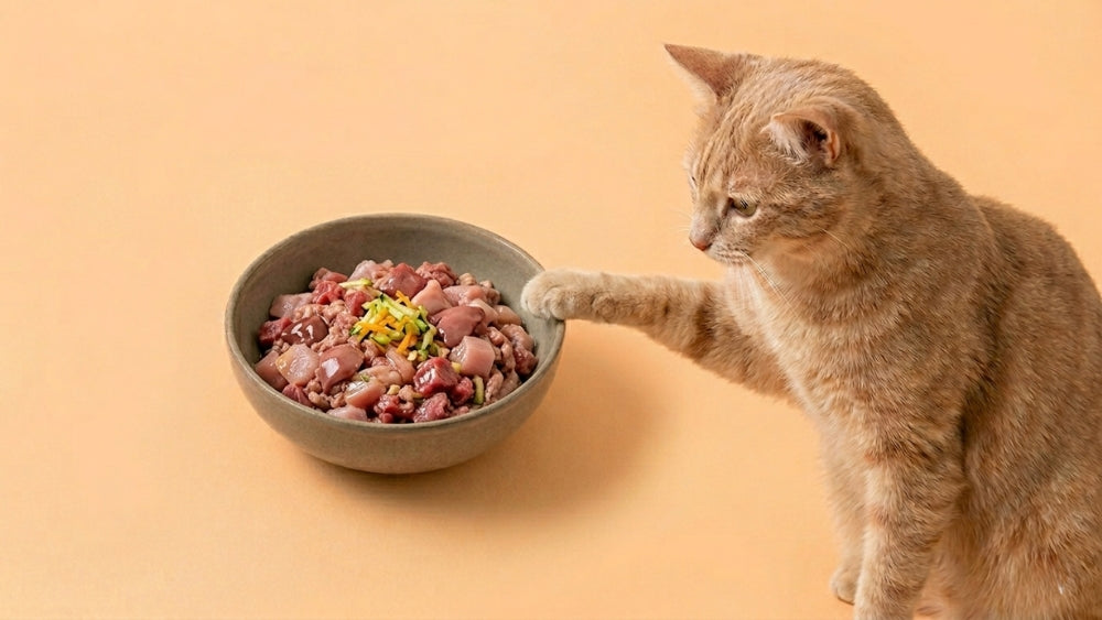 Katze steht an Schale mit selbst gekochtem BARF