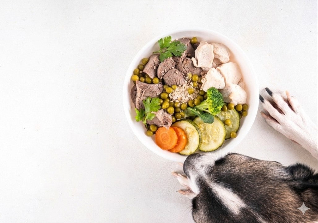 Selbstgekochtes für den Hund mit gegartem Fleisch
